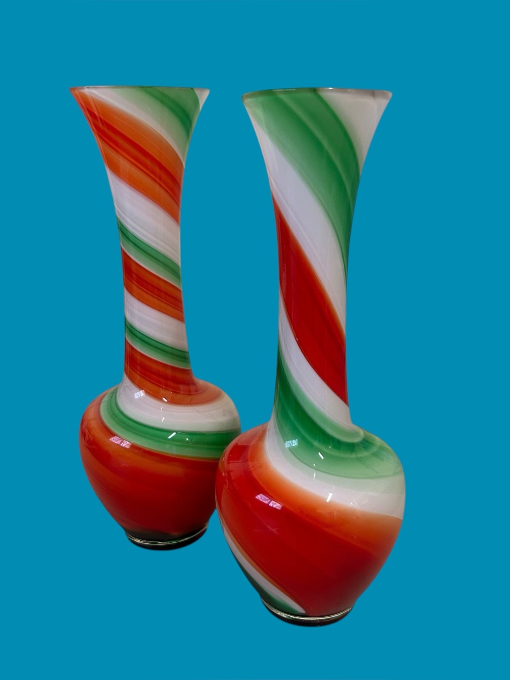 Vintage Art Glass Candy Stripe Swirl Vases Set of 2